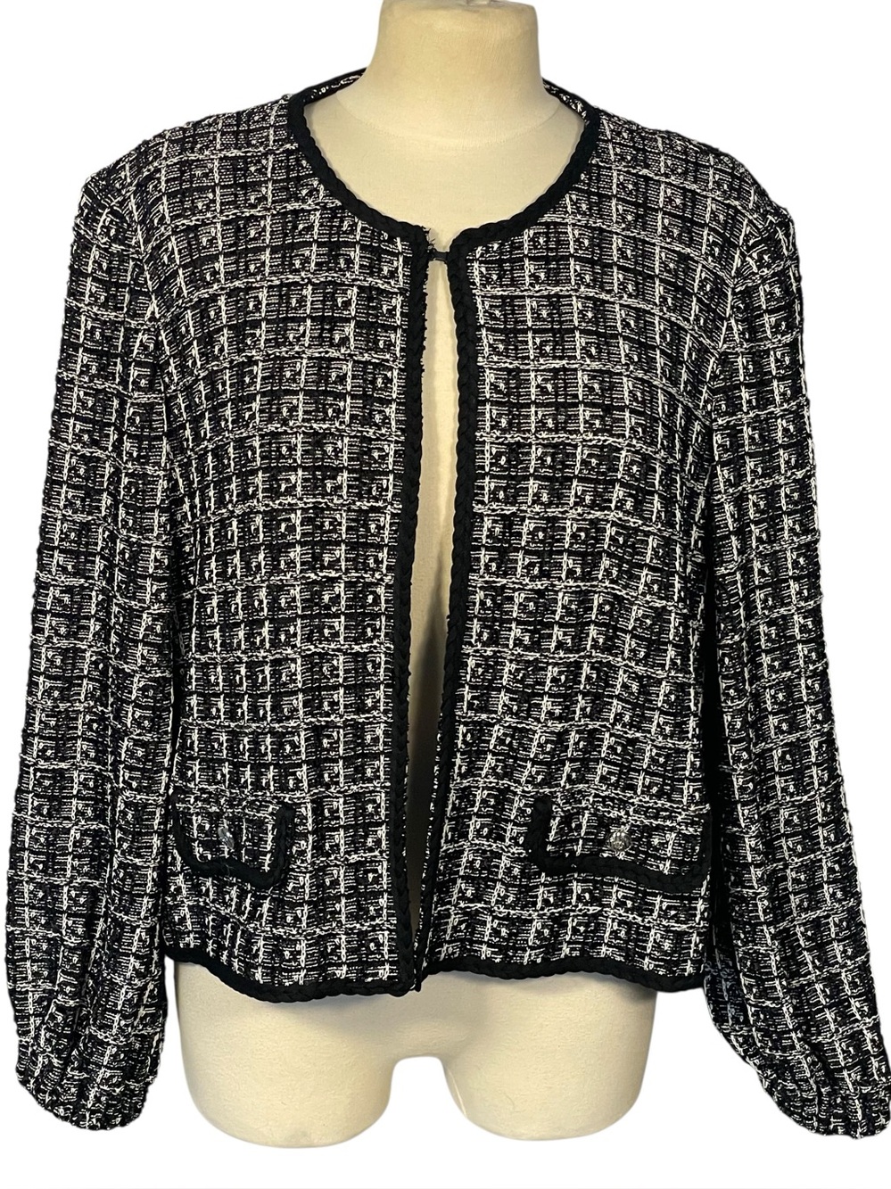 Ming Wang Black White Boucle Knit Texture Quiet Luxury Cardigan Sweater Sz XL